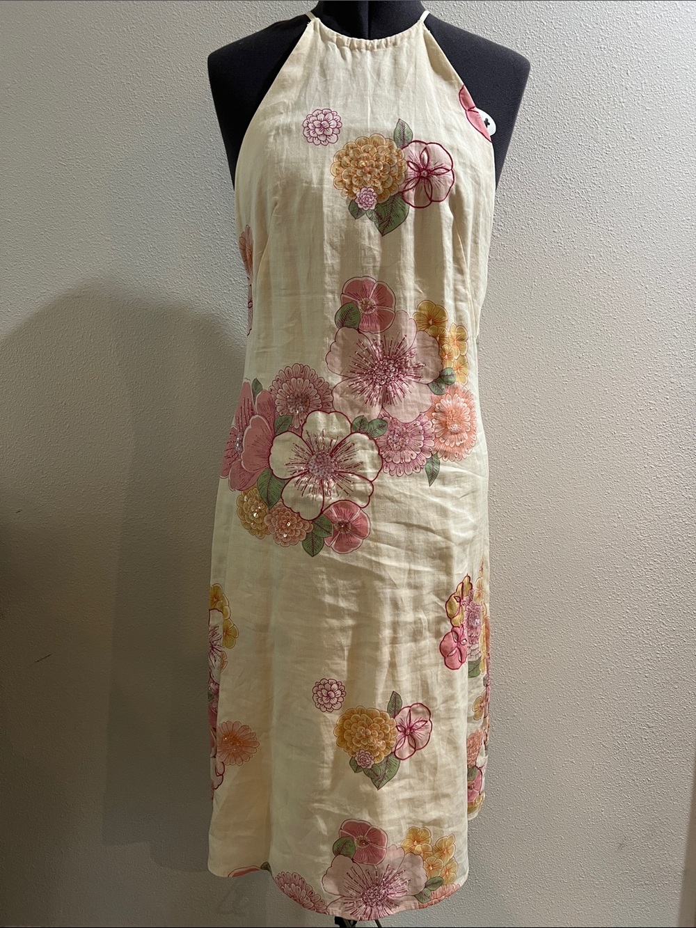 French Connection Cream Sleeveless Halter Dress with Floral Sequins/Beads